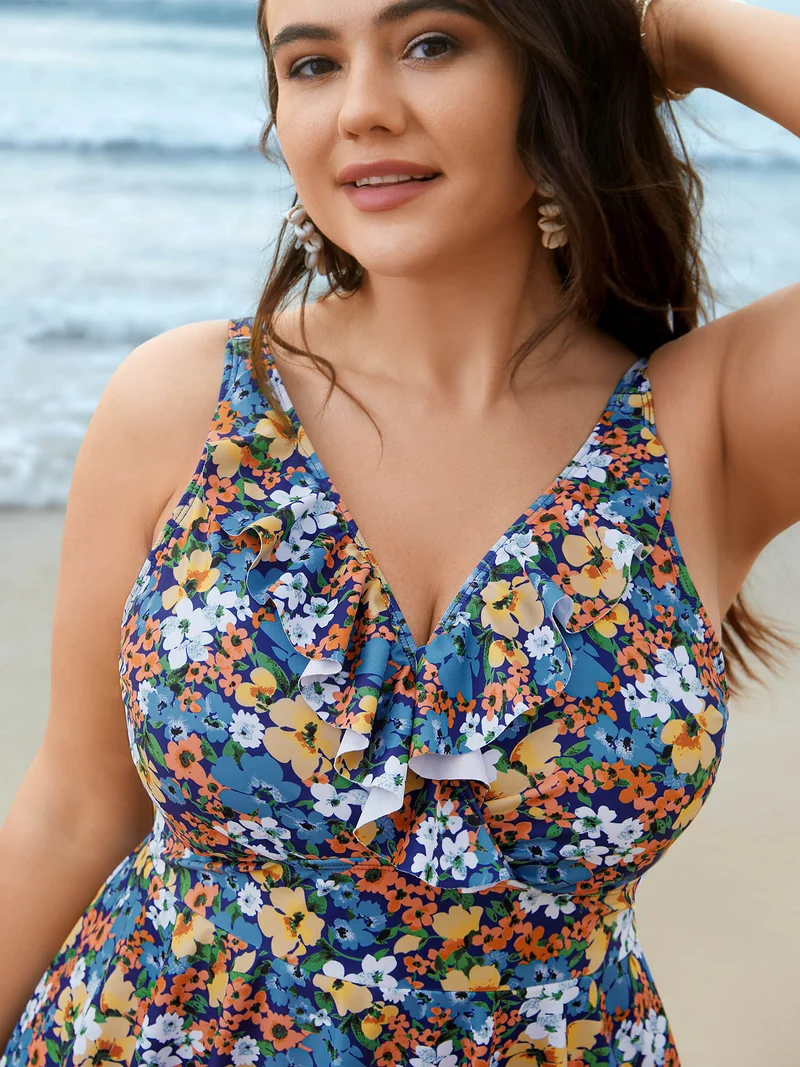 Floral Ruffled Flared Swim Dress