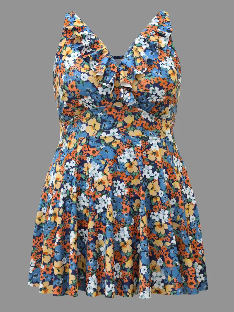 Floral Ruffled Flared Swim Dress
