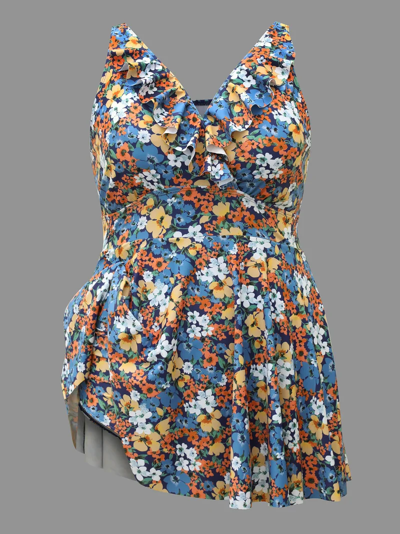 Floral Ruffled Flared Swim Dress