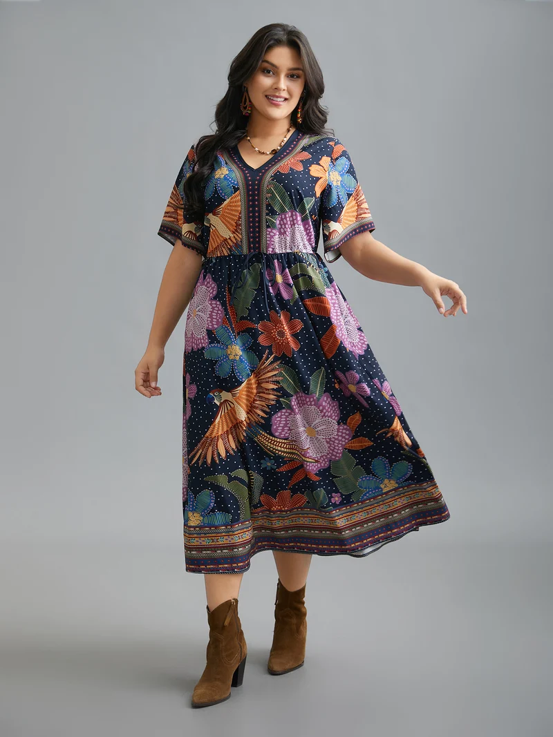 V Neck Multi-Color Floral Midi Dress