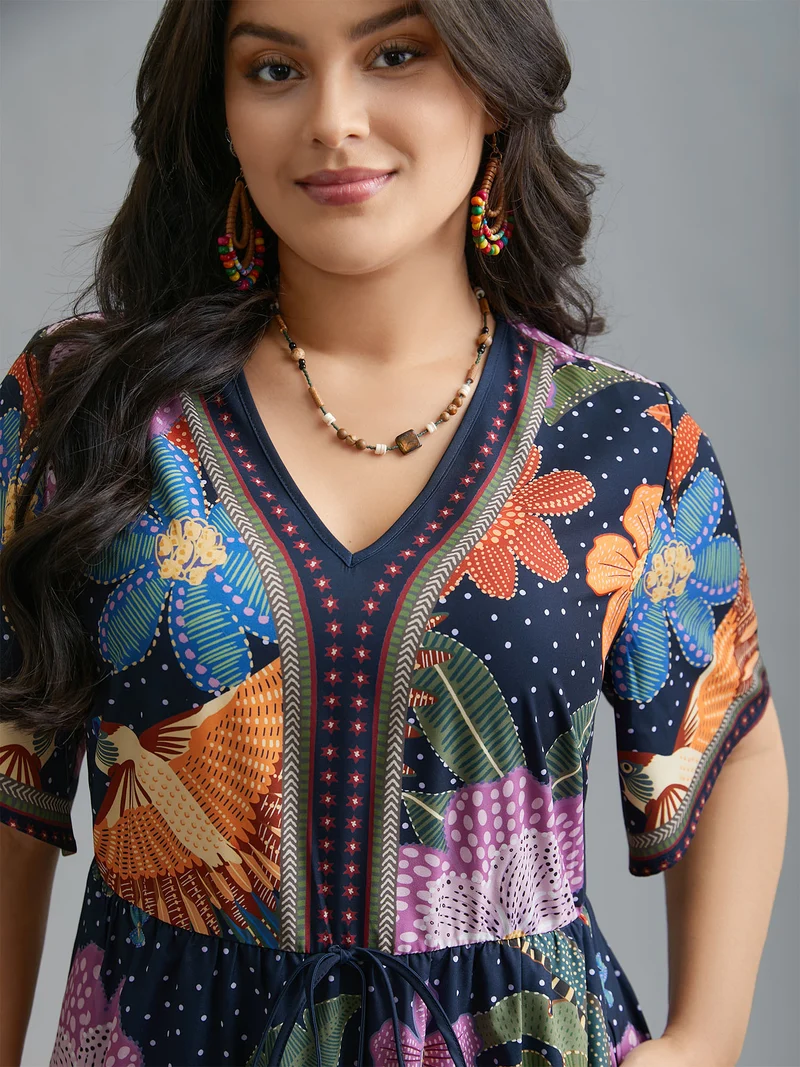 V Neck Multi-Color Floral Midi Dress