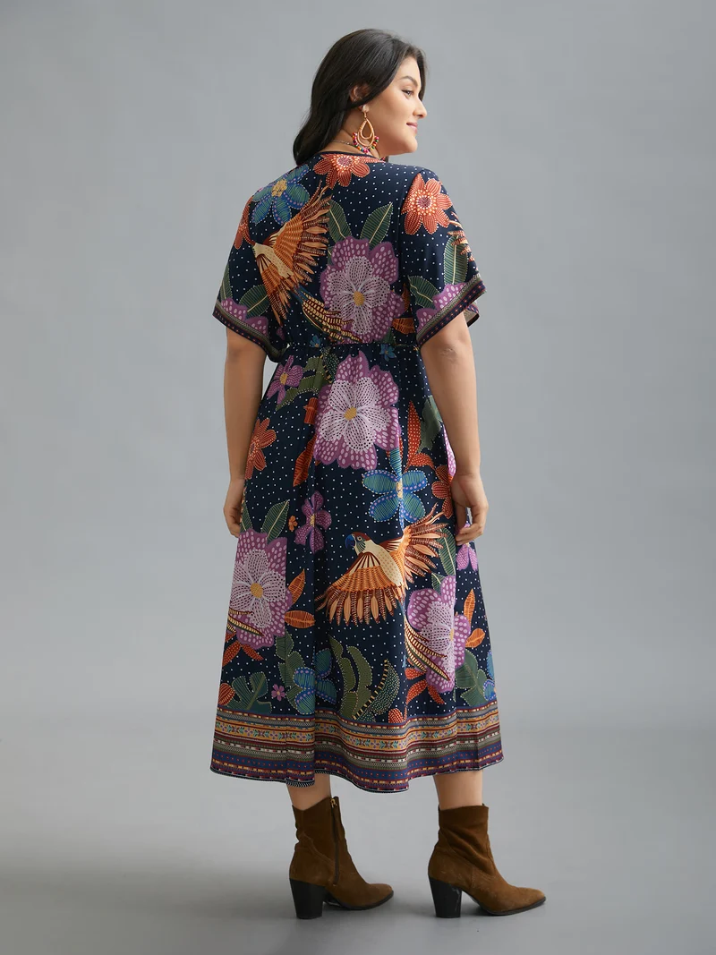 V Neck Multi-Color Floral Midi Dress