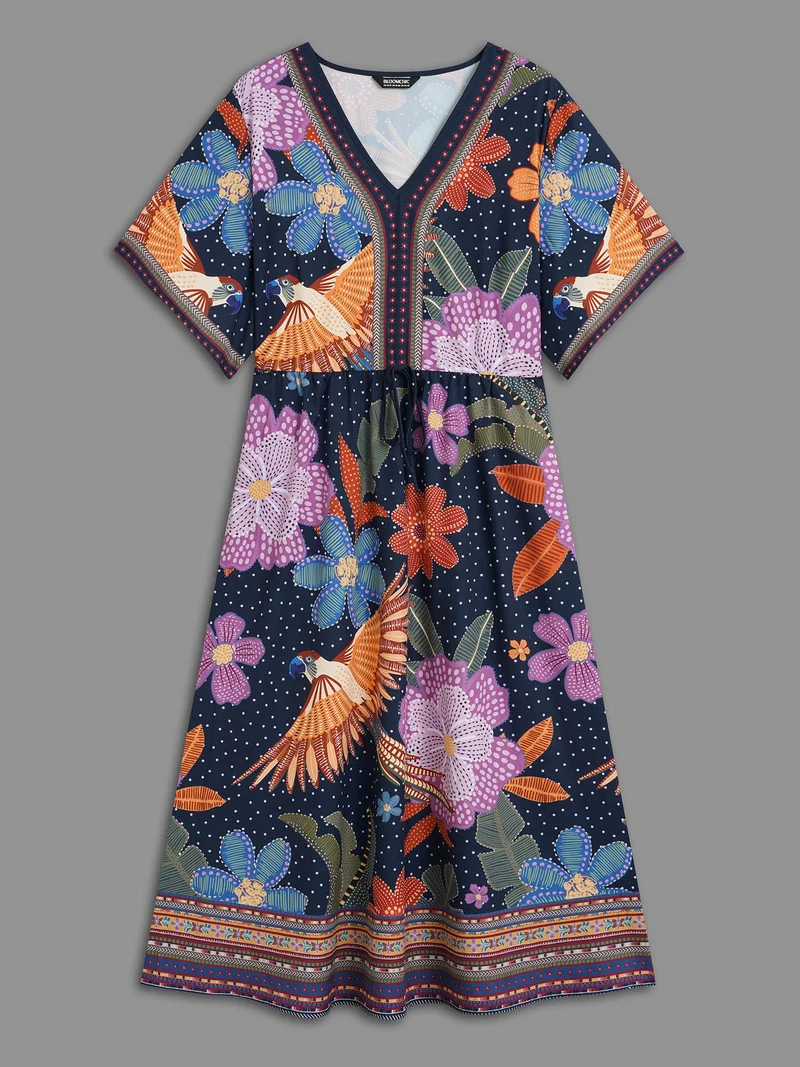 V Neck Multi-Color Floral Midi Dress