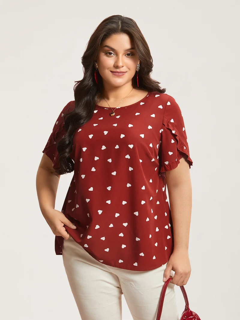Ruffled Overlap Sleeve Heart Pattern Blouse