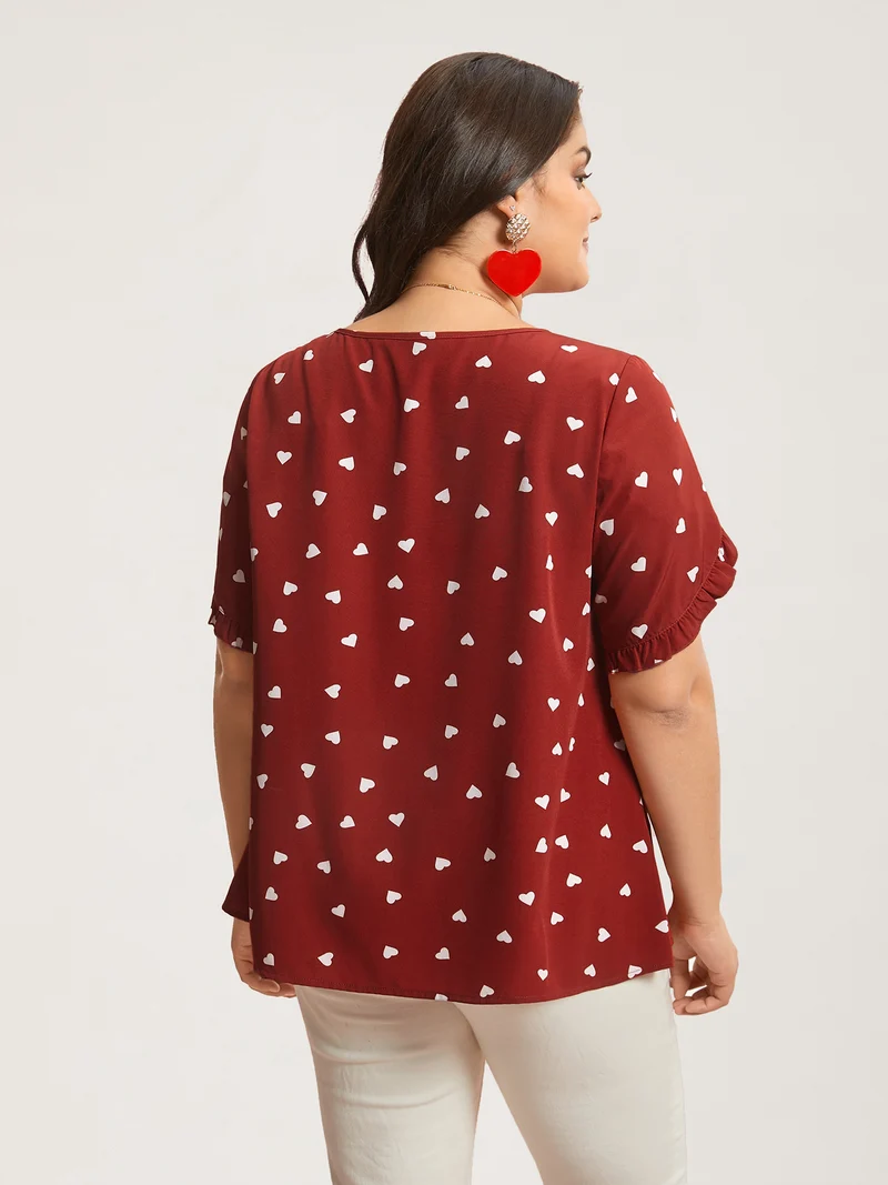 Ruffled Overlap Sleeve Heart Pattern Blouse