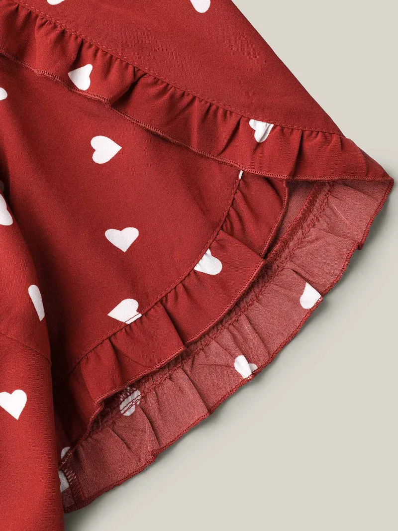 Ruffled Overlap Sleeve Heart Pattern Blouse