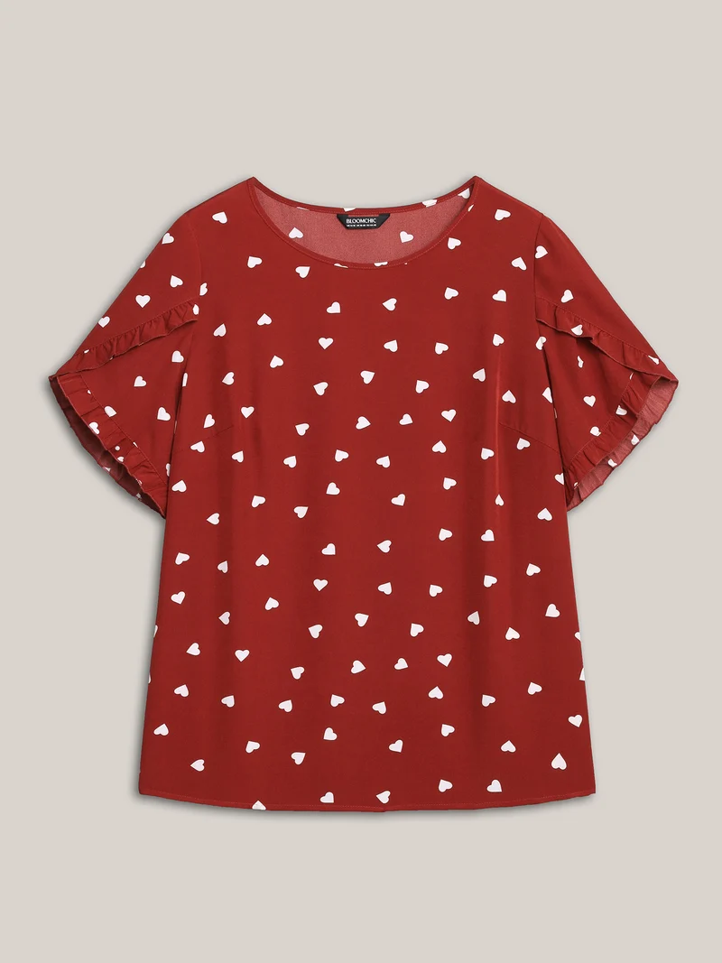 Ruffled Overlap Sleeve Heart Pattern Blouse