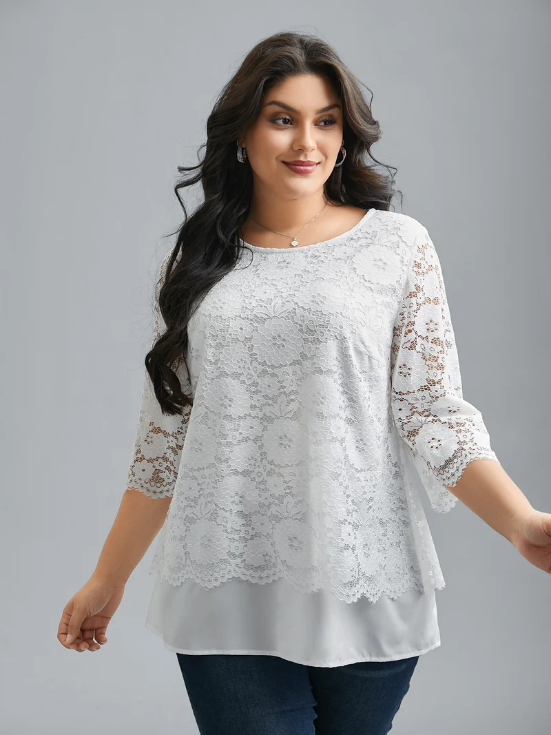 Layered Crochet Lace Semi-Sheer Blouse