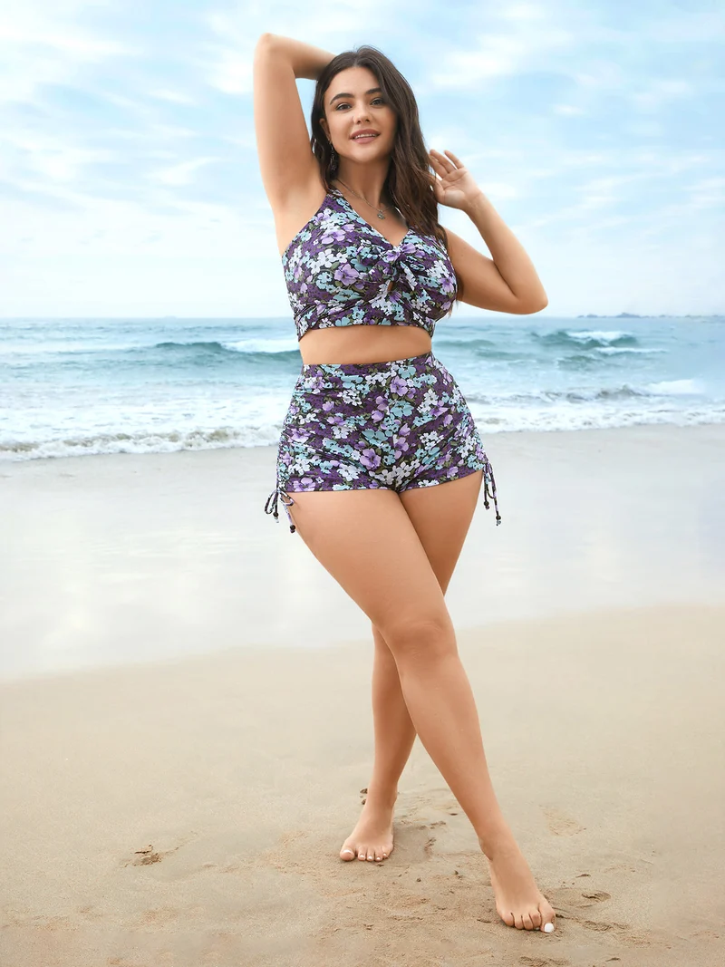 Floral Print Stretchy Drawstring Swim Bottoms