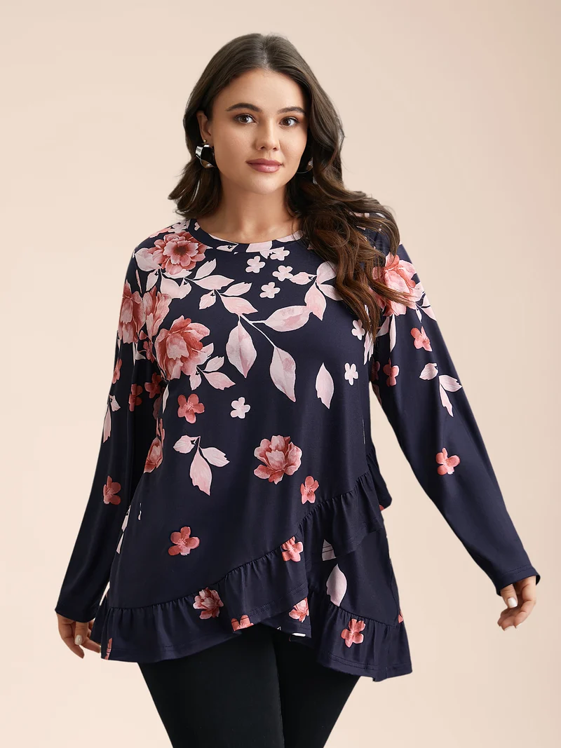 Spring Flowers Ruffled Hem T-Shirt