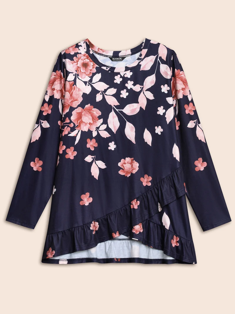 Spring Flowers Ruffled Hem T-Shirt