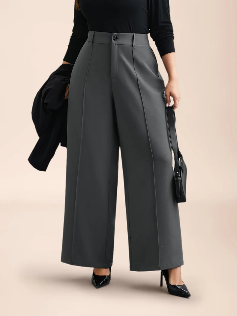 Stretchy-Waist Seamed Plicated Detail Pants
