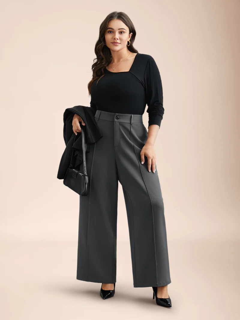 Stretchy-Waist Seamed Plicated Detail Pants