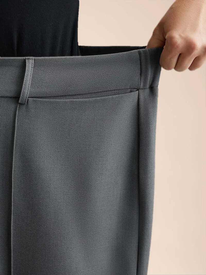 Stretchy-Waist Seamed Plicated Detail Pants