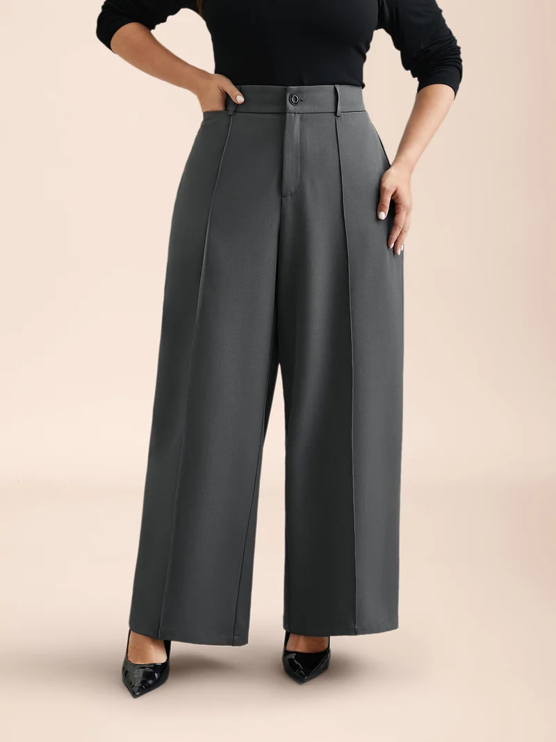 Stretchy-Waist Seamed Plicated Detail Pants