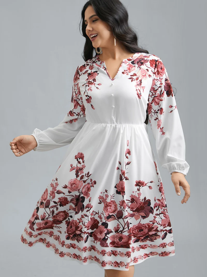 Boho Print Lantern Sleeve Button Detail Dress