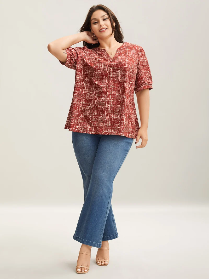 Geometric Print Puff Sleeve Blouse
