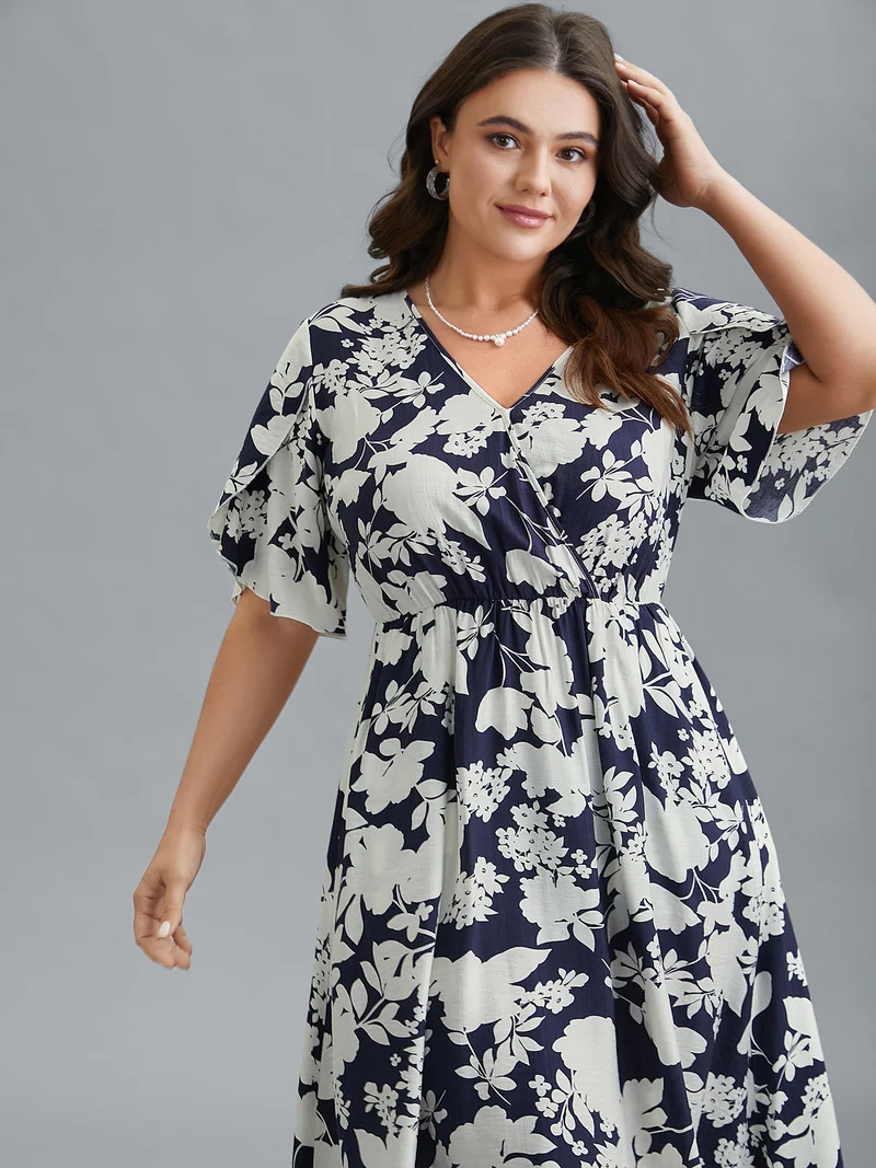 Floral Surplice Neck Petal Sleeve Midi Dress