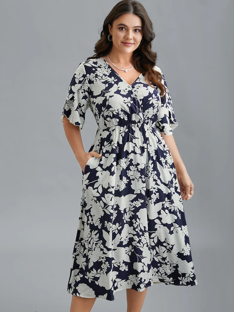 Floral Surplice Neck Petal Sleeve Midi Dress