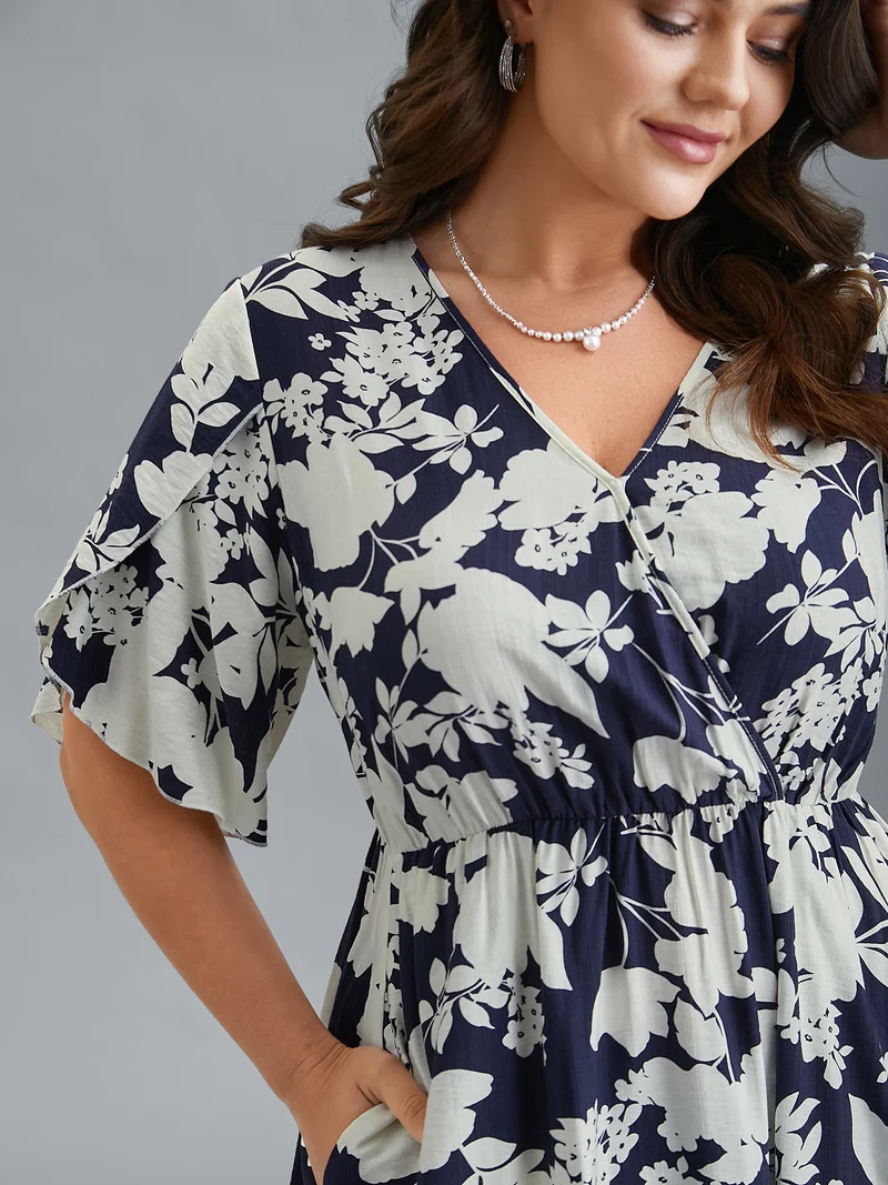 Floral Surplice Neck Petal Sleeve Midi Dress