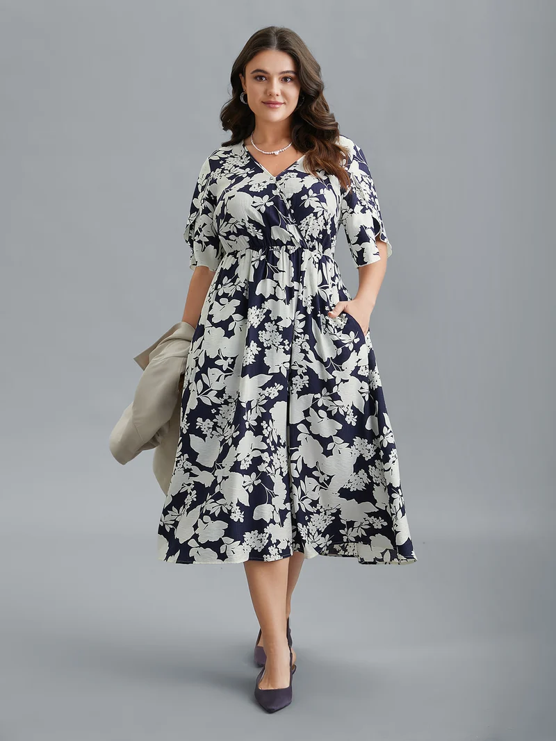Floral Surplice Neck Petal Sleeve Midi Dress