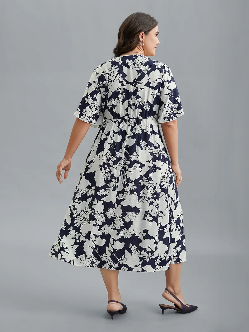 Floral Surplice Neck Petal Sleeve Midi Dress