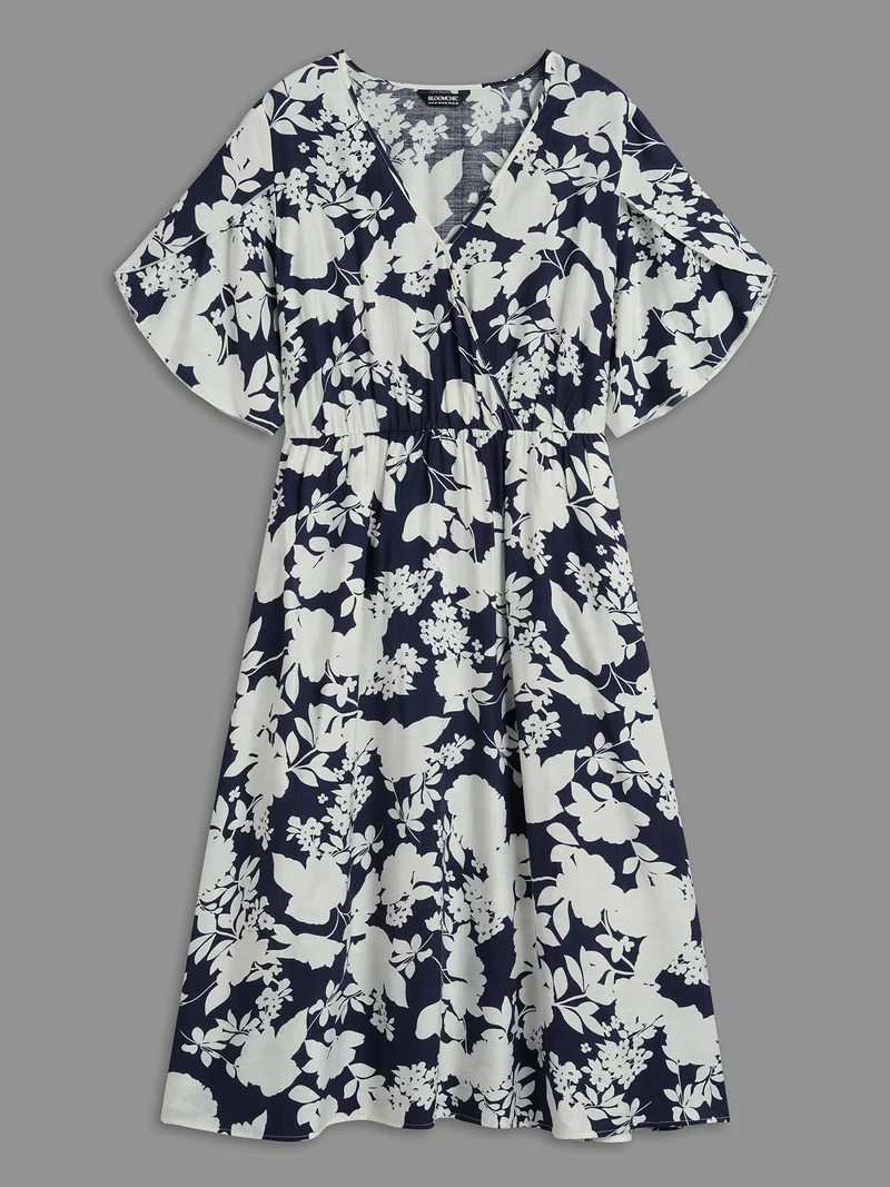 Floral Surplice Neck Petal Sleeve Midi Dress