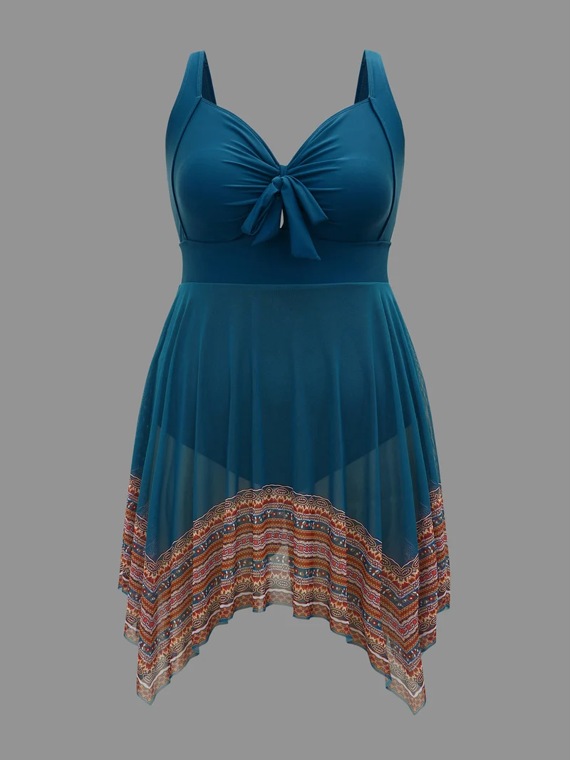Bowknot Boho Print Patchwork Mesh Swim Dress
