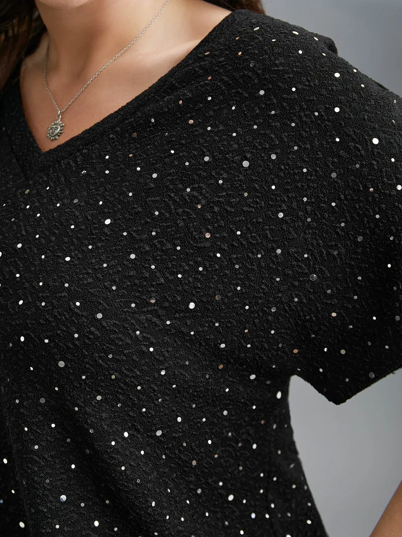 V-Neck Sequin Textured T-Shirt