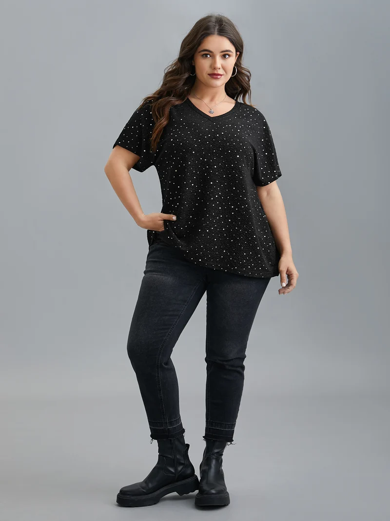 V-Neck Sequin Textured T-Shirt