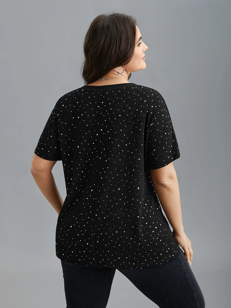 V-Neck Sequin Textured T-Shirt