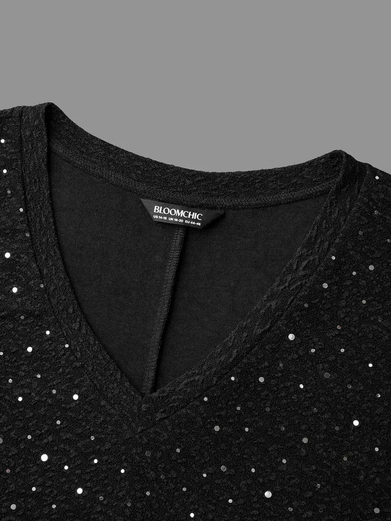V-Neck Sequin Textured T-Shirt
