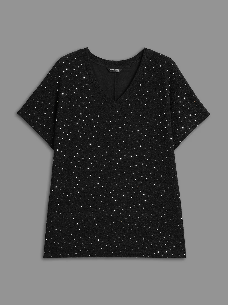 V-Neck Sequin Textured T-Shirt