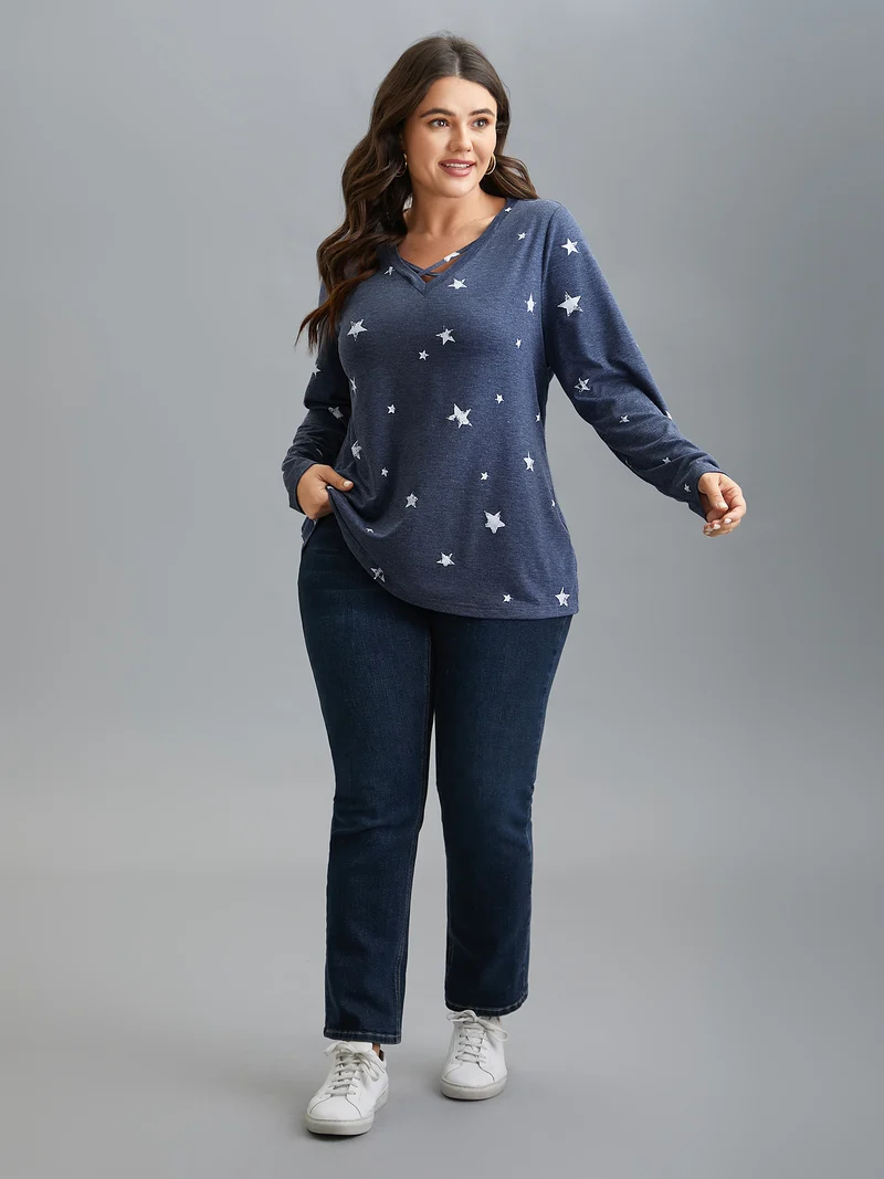 Star Print Crisscross Cut-Out T-Shirt