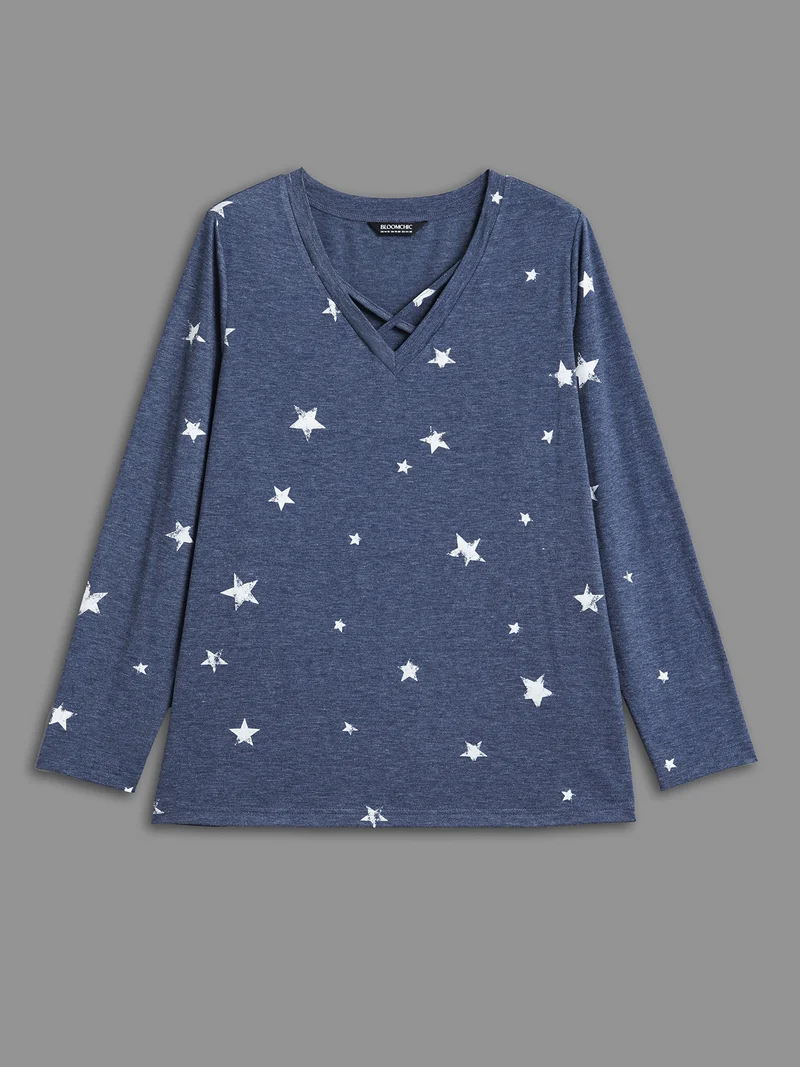 Star Print Crisscross Cut-Out T-Shirt