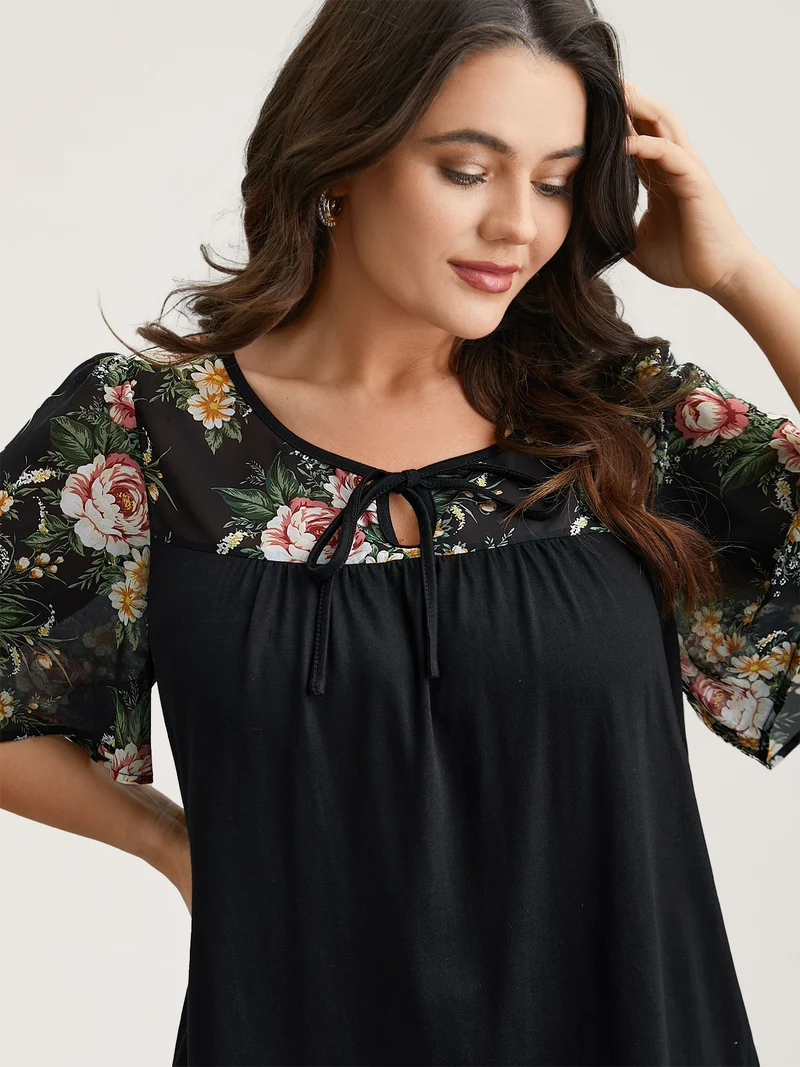 Floral Print Spliced Neck-Tie T-Shirt