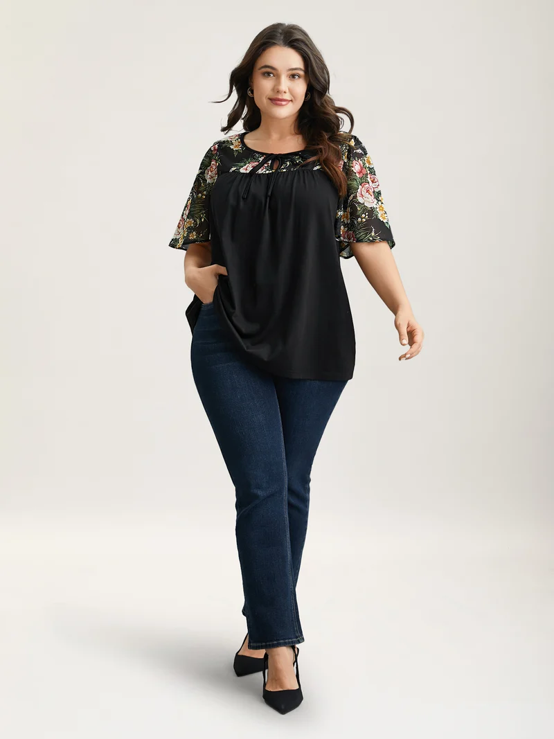 Floral Print Spliced Neck-Tie T-Shirt