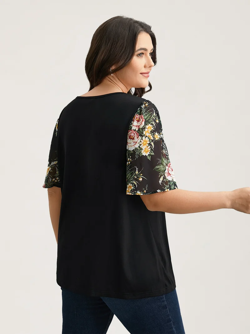 Floral Print Spliced Neck-Tie T-Shirt