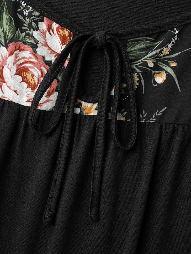 Floral Print Spliced Neck-Tie T-Shirt