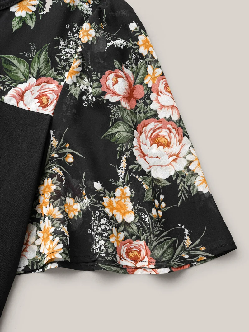 Floral Print Spliced Neck-Tie T-Shirt