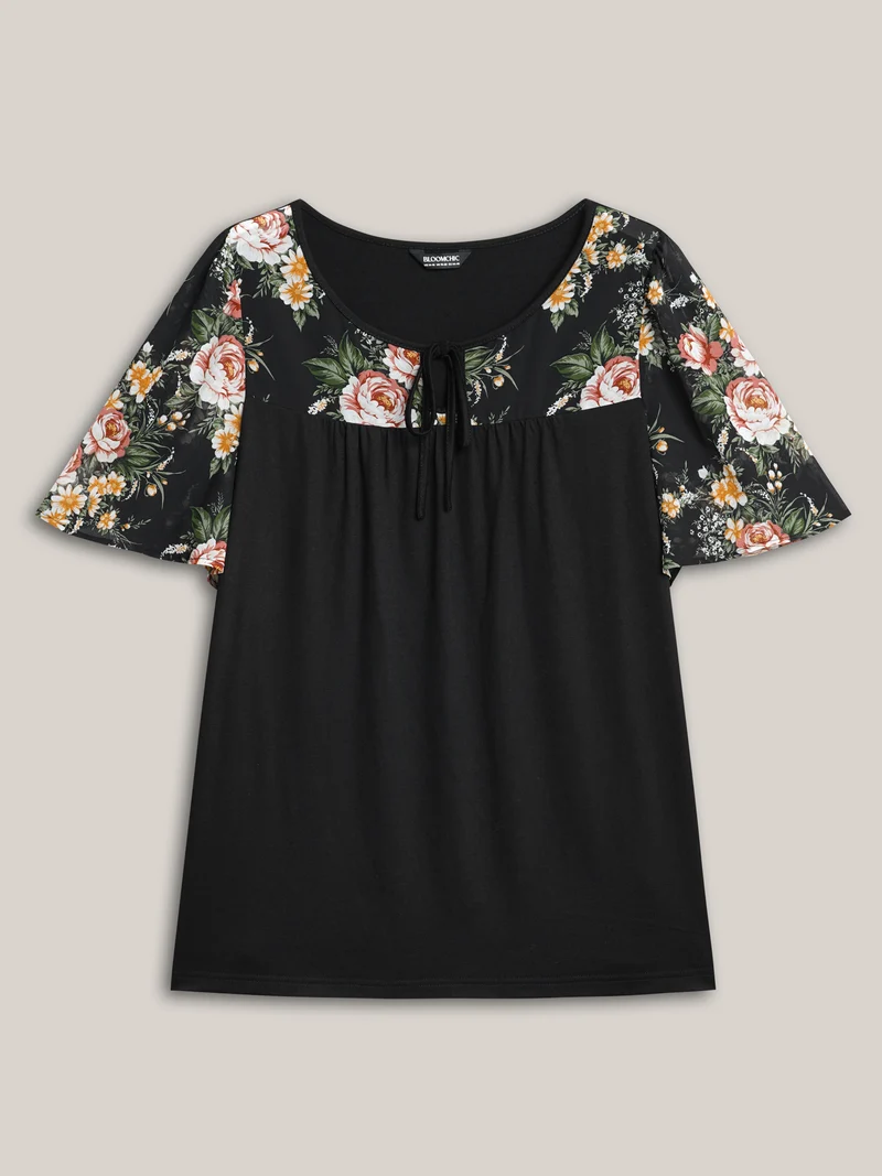 Floral Print Spliced Neck-Tie T-Shirt