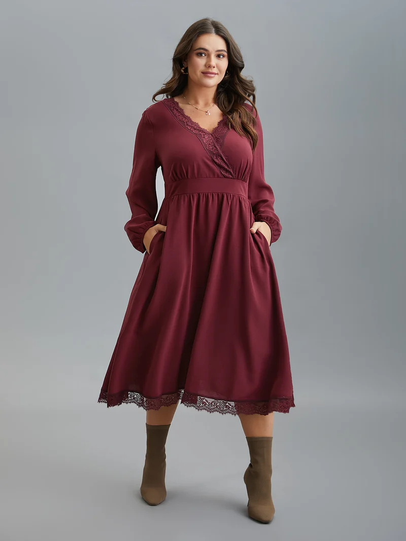 Lace Detail Surplice Neckline Midi Dress