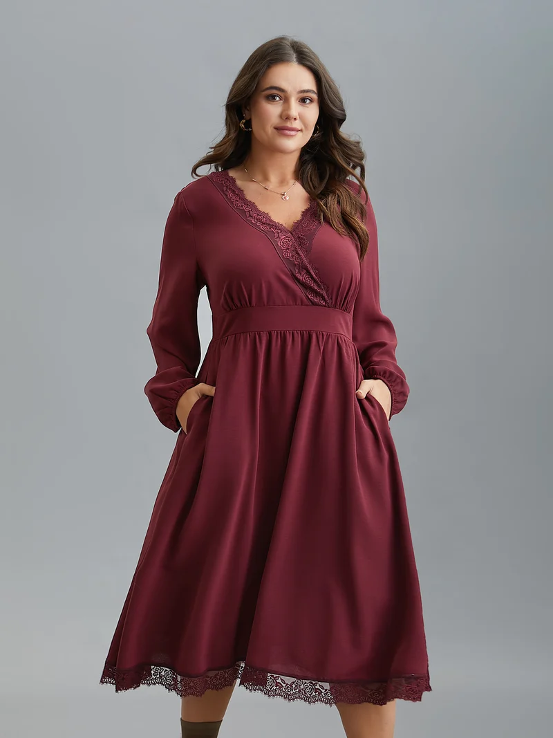 Lace Detail Surplice Neckline Midi Dress