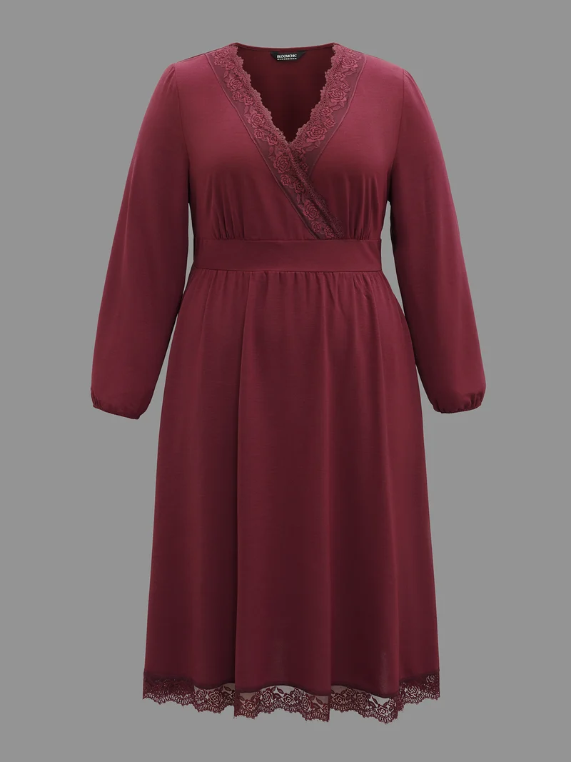 Lace Detail Surplice Neckline Midi Dress