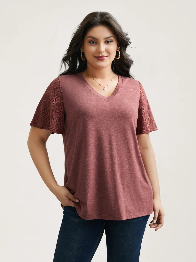 Stretchy Flared Lace Sleeves T-Shirt
