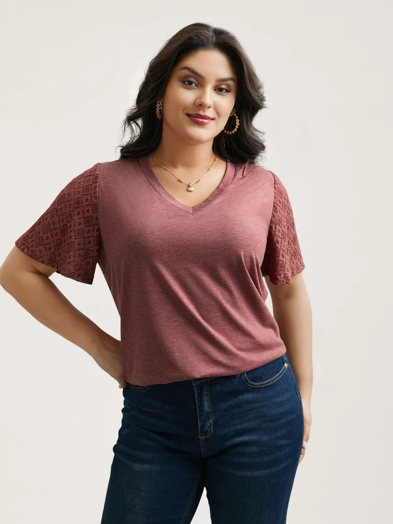 Stretchy Flared Lace Sleeves T-Shirt
