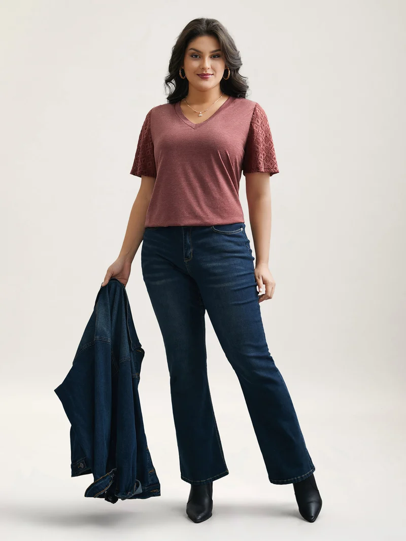 Stretchy Flared Lace Sleeves T-Shirt