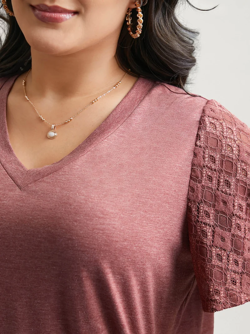 Stretchy Flared Lace Sleeves T-Shirt