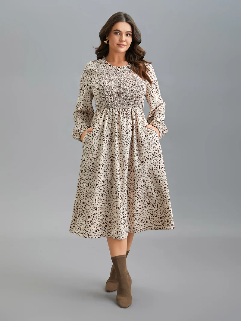 Stretchy-Waist Printed Pockets Midi Dress