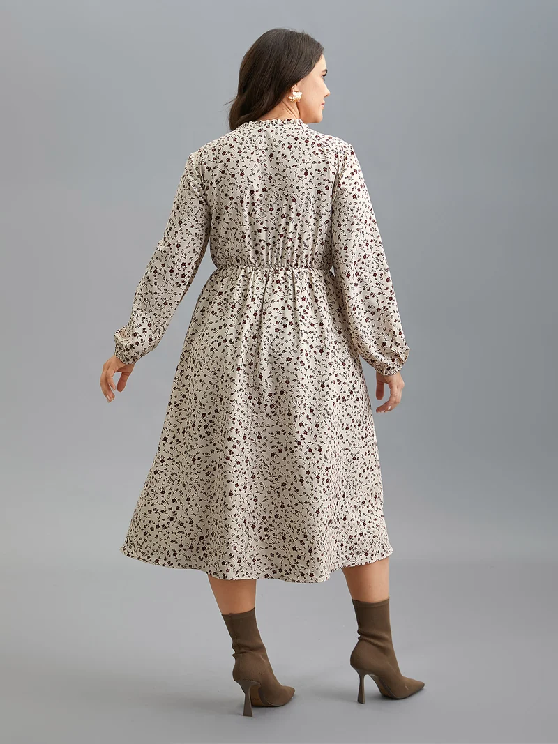 Stretchy-Waist Printed Pockets Midi Dress